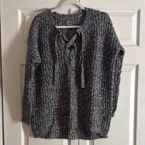 Aerie Gray V-Neck Sweater with Lace-Up Detail